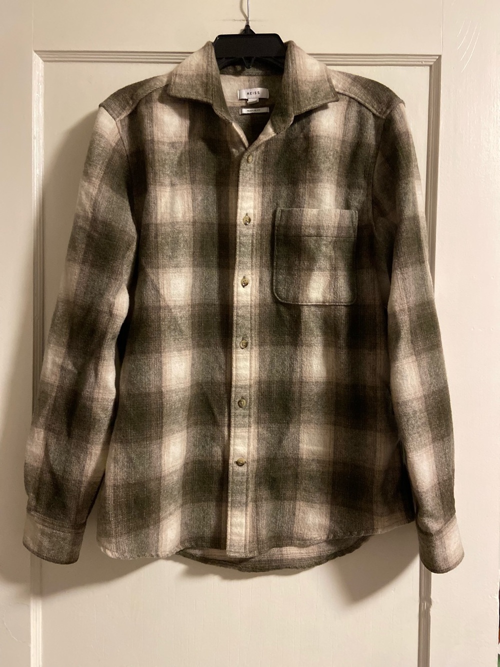 Reiss Olive Green & Cream Plaid Button-Down Shirt Wool Blend Flannel Men’s Med